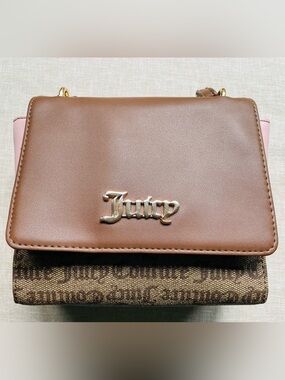 Juicy Couture Mini Crossbody Bag | Brown Monogram & Blush Pink | Gold Hardware